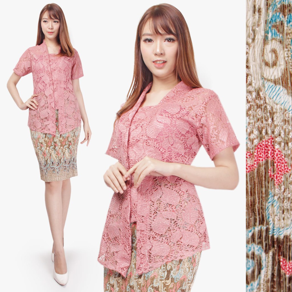 SB Collection Stelan Kebaya Silvi Blouse Brukat Dan Rok Plisket Midi Batik Wanita