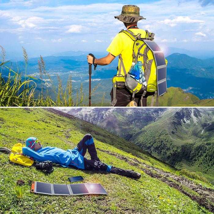 Charger HP tenaga surya Solar Powered Charger 4 Panel 14W untuk outdoor mobil handphone aksesoris Foldable Solar Panel 5V USB Solar Cell Panel Portable Folding Waterproof Outdoor Camping Hiking Mobile Power Battery Charger