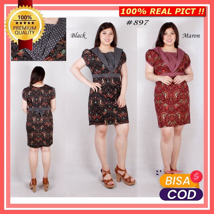 Baju Dress Wanita Modern Model Terbaru Motif Batik Lengan Pendek Selut Baju Batik Wanita - Dress Bat