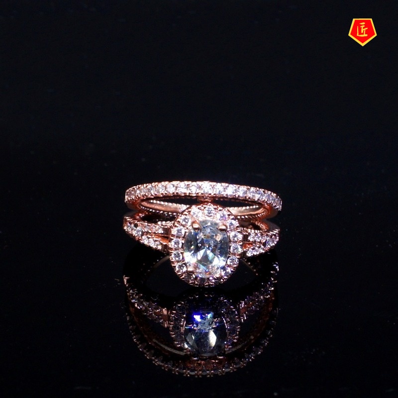 [Ready Stock]925 Silver 14K Rose Gold Diamond Ring Set Luxury Fashion