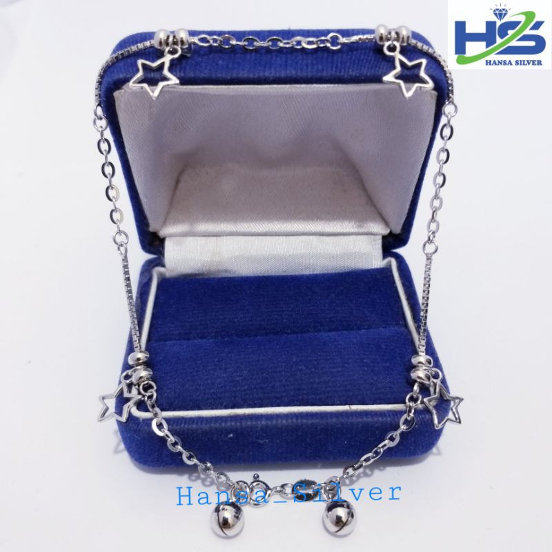 Gelang Kaki Perak Asli Silver 925 Lapis Emas Putih Italy Rantai Gantungan Bintang Dan Bunga