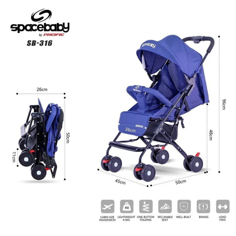 Stroller Anak Bayi Balita Kereta Dorong Stroler Spacebaby SB316 By Pacific Bisa 3 Posisi Sandaran-5