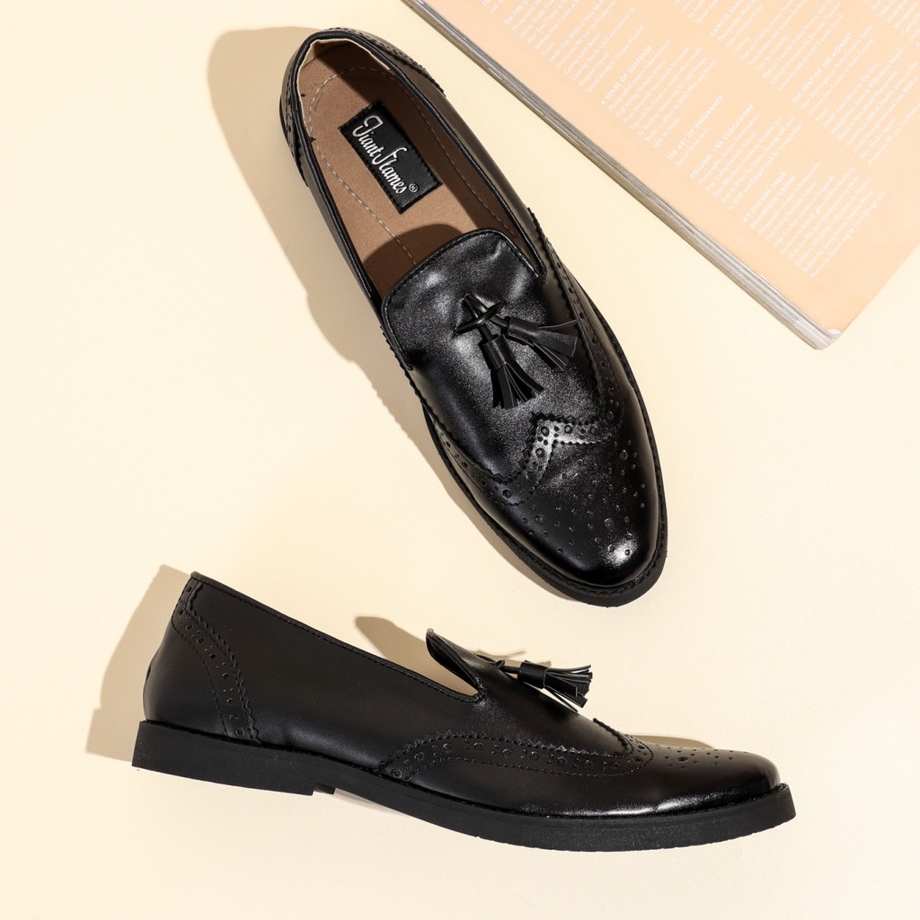 Tomio Black | Sepatu Hitam Tanpa Tali Loafers Pria Casual Kerja Formal Kantor Laki | FORIND x Giant