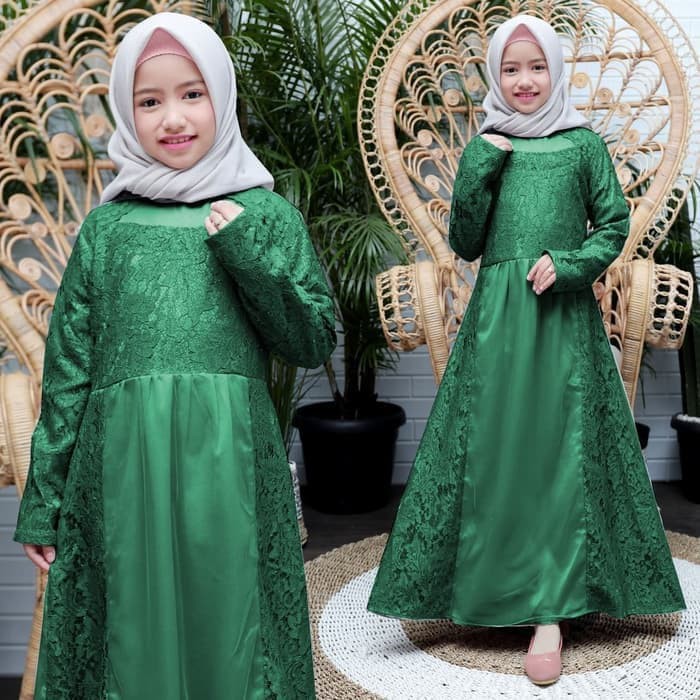 NISSA SABYAN  baju pesta gamis anak nuraini hijau dress brukat gaun nur ta