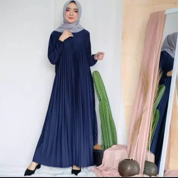 Baju Gamis Plisket Premium Bahan Lemon Skin Warna Navy