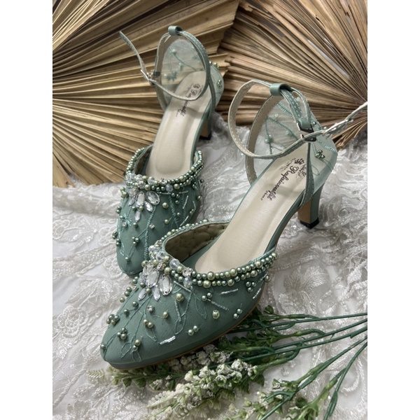 sepatu wanita wedding Zaneta sage green 7cm lancip