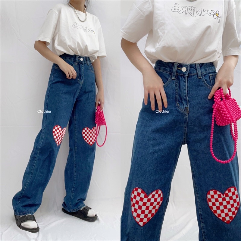 CLOTHIER - Mino Heart Jeans | Plaid Heart Red Medium Blue Jeans