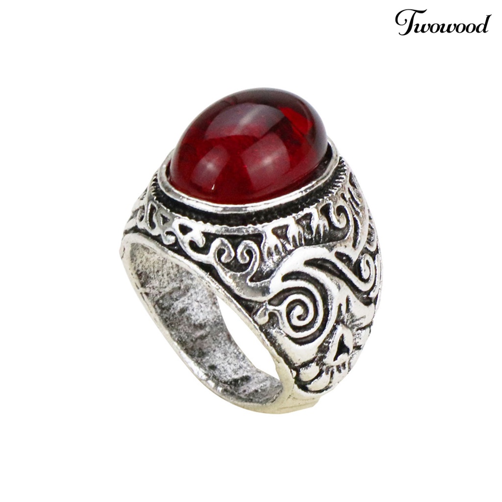 Twowood Carved Rock Style Men Ring Alloy Red Faux Gem Finger Ring Jewelry Accessaries