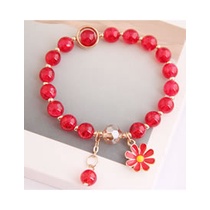 LRC Gelang Tangan Fashion Watermelon Red Dropped Oil Small Daisy Pendant Crystal Bead Bracelet