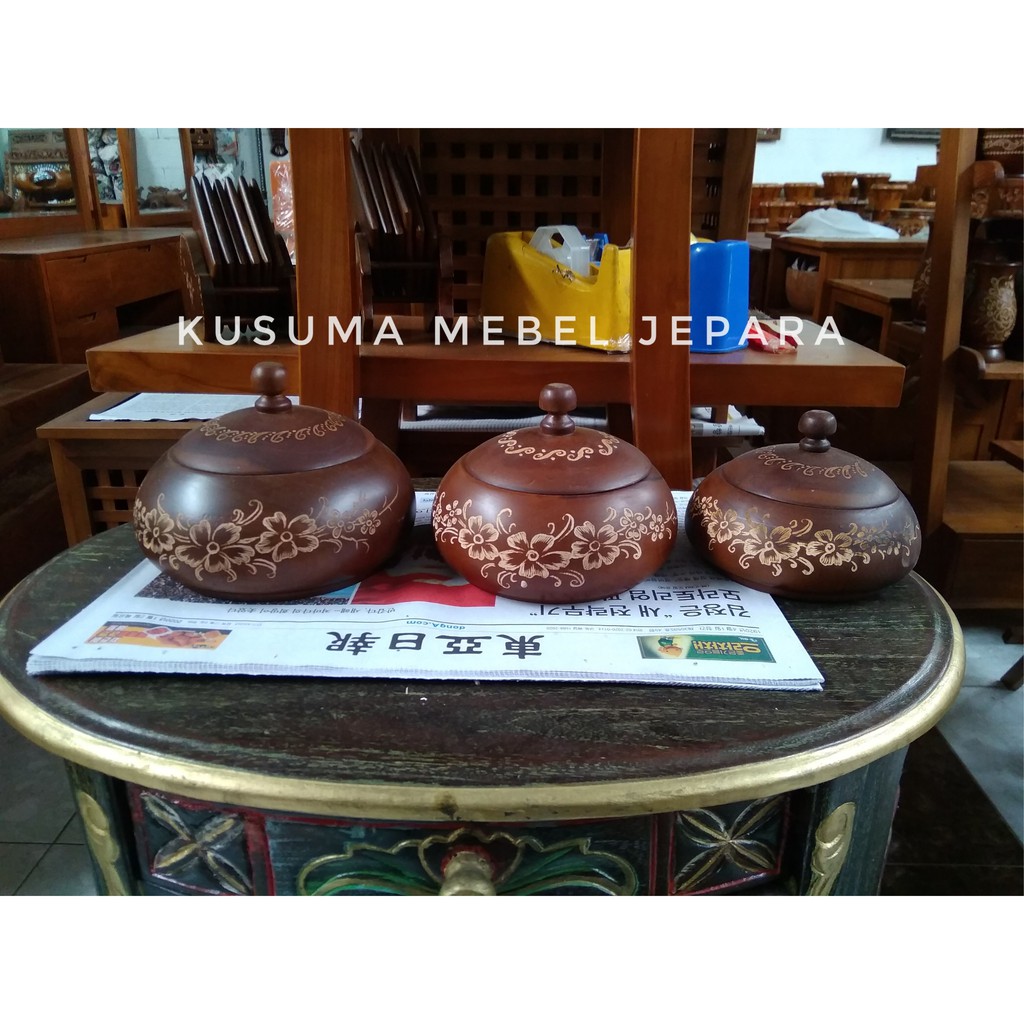 Set 3 Buah Toples Tempat Permen Ukir Bunga Kayu Jati