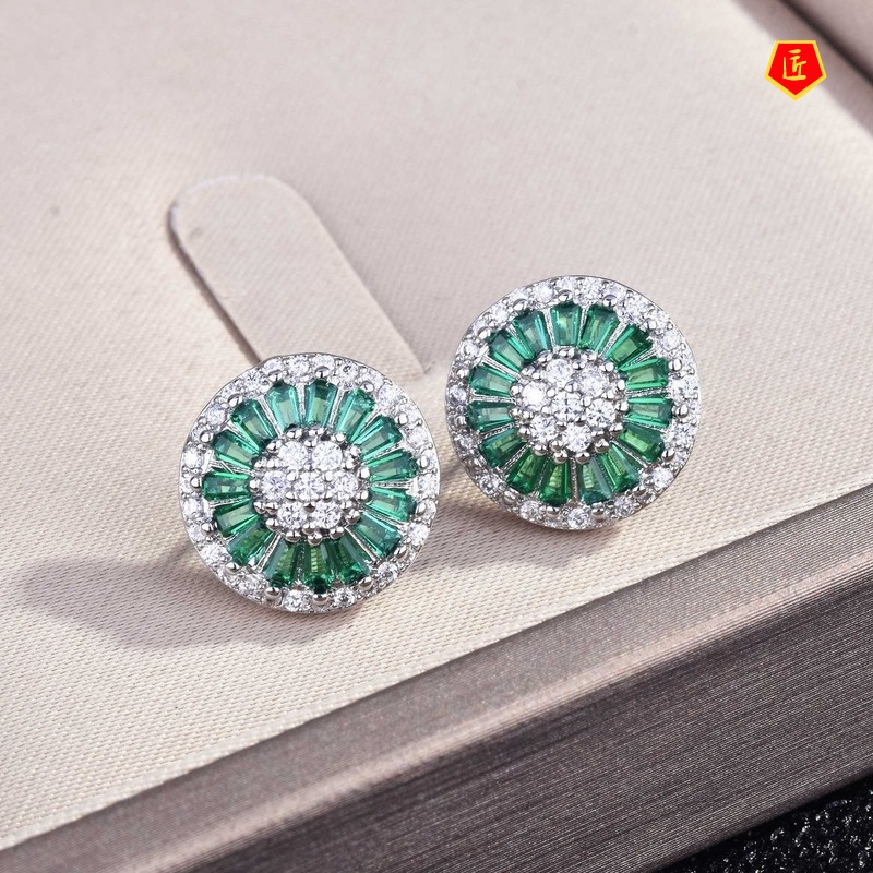 [Ready Stock]Cold Style French Retro Green Gem round Earrings