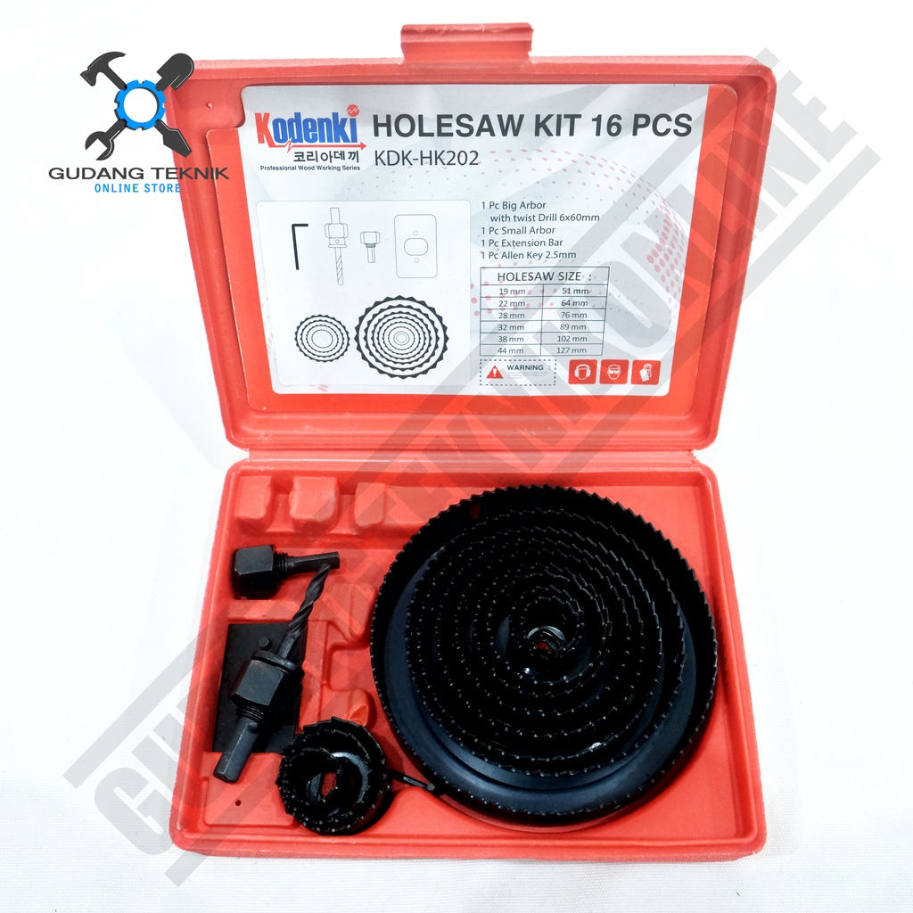 Mata Bor Pelubang Kayu 1 SET 16Pcs KODENKI KDK HK202 / Wood Holesaw Kit 16 Pcs KODENKI Kayu PVC