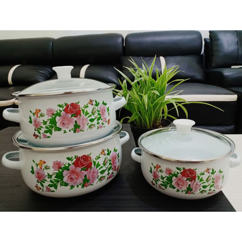Panci Set Enamel Reoona 3pcs Motif Bunga
