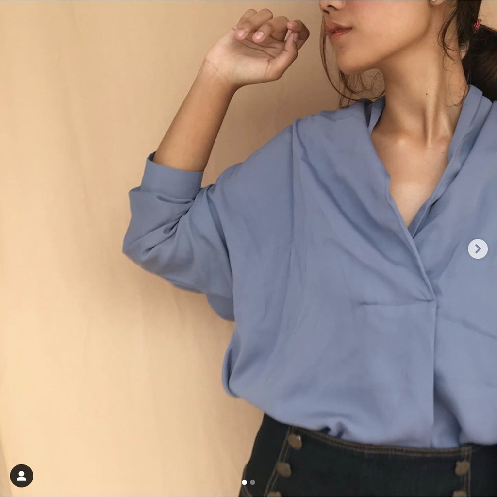 Biru Langit Top Wanita Kemeja Blouse