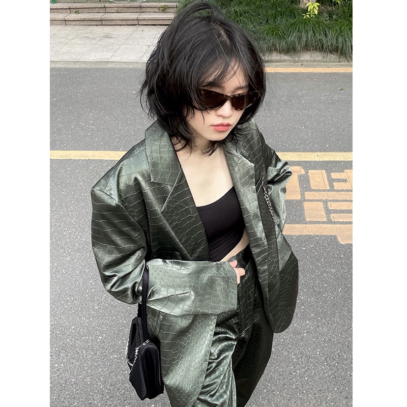 2022 Live Acara Acara Buaya Pola PU Kulit Jaket Pria  Wanita Trendy  Goreng Street Profil   Mantel K