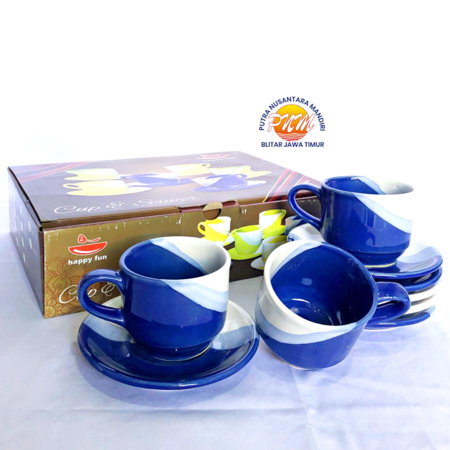CANGKIR KERAMIK TWO TONE - CANGKIR SET - 6 SET - CUP AND SAUCER - WARNA WARNI - TERMURAH