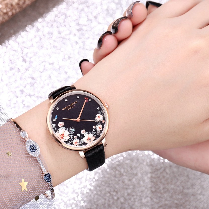 JAM TANGAN WANITA IMPORT MURAH ORIGINAL HITAM KULIT BUNGA PREMIUM CASUAL ANTI AIR VILAR JAM036B5 ORI