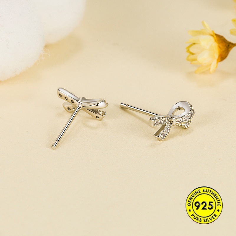 Anting Tusuk Sterling Silver 925 Desain Pita Hias Berlian Imitasi Simple Untuk Wanita