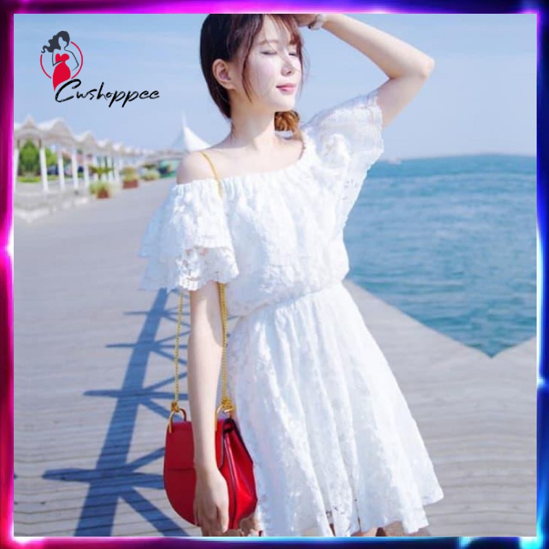 dress korea murah cover up bikini baju pantai sabrina top off shoulder - Putih fashion wanita cewek