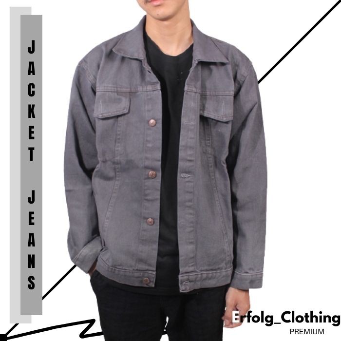 Jeans Jaket Pria Model Santai Casual Jacket Denim Premium Hight Quality Bahan Abu Tua ORI