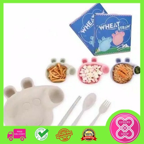 Piring Makan Set Anak Bentuk Piggy Wheat Straw /Mangkok Piring Set Anak Lucu