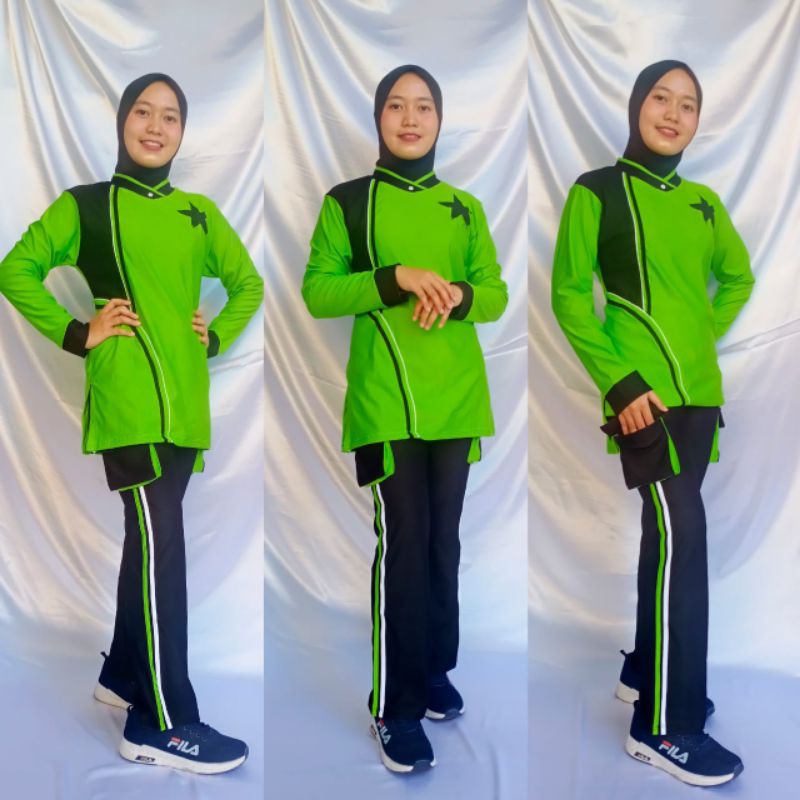 baju senam wanita setelan celana rok kantong bahan denim spandex katun