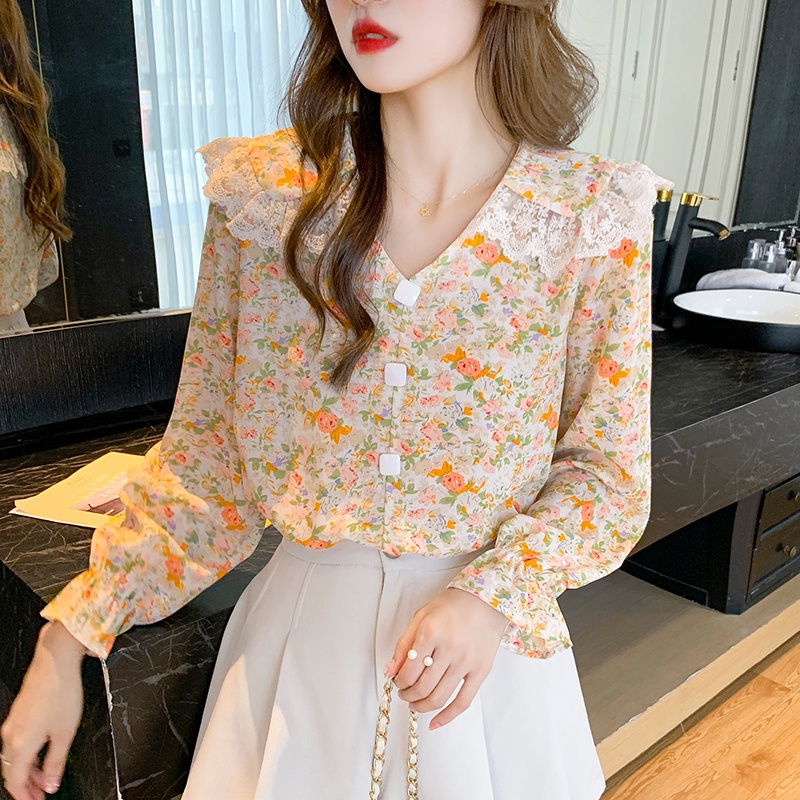 Fashion Korean Chiffon Floral Long Sleeve Shirts Orange Green Women Blouse Tops Pakaian Serban