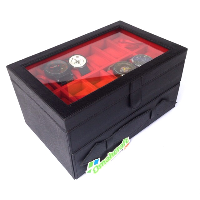 2KG BLACK RED - Box Jam Tangan Isi 12 Kombinasi Tempat Kacamata / Kotak Jam Tangan dan Kacamata