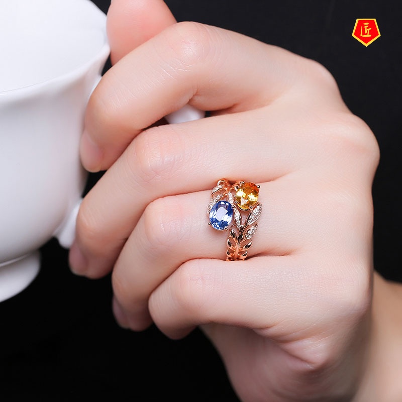 [Ready Stock]Fashion Elegant Rose Gold Grass Shaped Colored Gems Ring