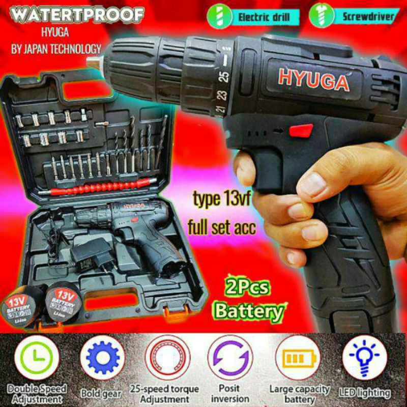 mesin bor baterai 13vf 10mm hyuga by uchiha cordless kayu besi tembok pvc dll set koper