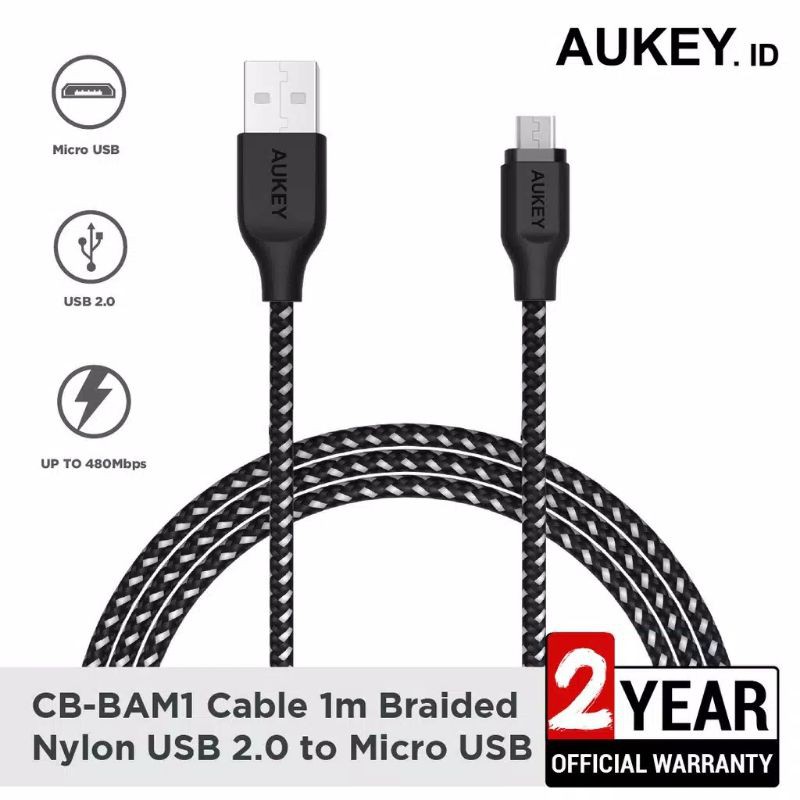 Kabel Charger Micro USB Aukey CB-BAM1 1m Braided Nylon USB 2.0 Original