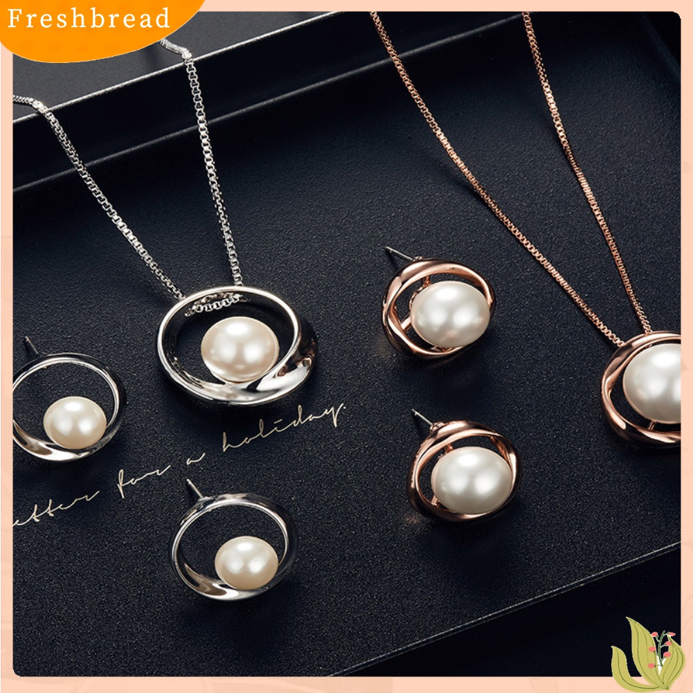 Terlaris Women Faux Pearl Round Pendant Necklace Stud Earrings Wedding Party Jewelry Set