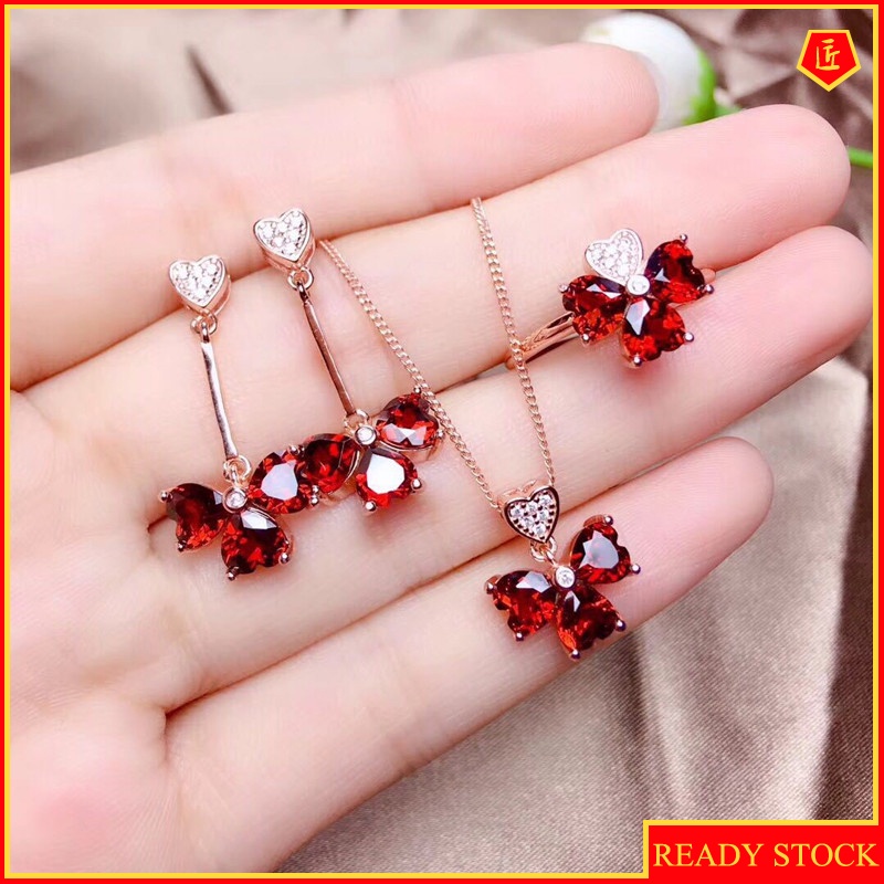 [Ready Stock]Four-Leaf Clover Necklace Heart-Shaped Ruby Ring Earings Set