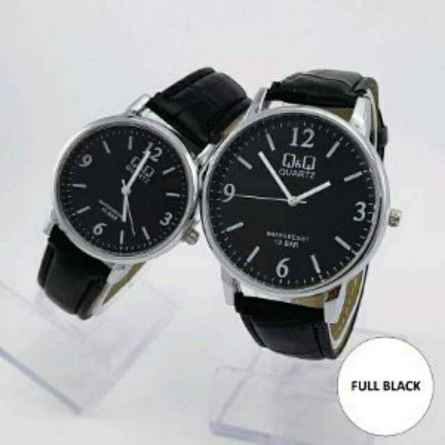 Jam Tangam Couple/Pria/Wanita Q&amp;Q Analog Kulit Plat Hitam