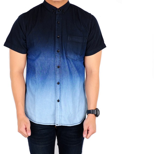 Kemeja pria denim lengan pendek / baju denim cowok pendek slimfit