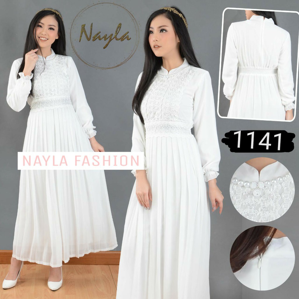 NAYLA Baju Gamis Putih Wanita Gamis Plisket Gamis Pesta Busana Muslim Brukat Lebaran Umroh Terbaru 1141