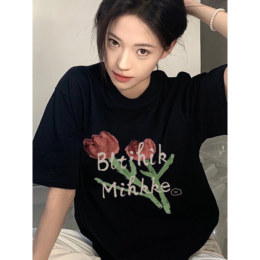 hitam katun kaos atasan wanita import /baju atasan cewe kekinian/korean style T-shirt fashion（realpict）