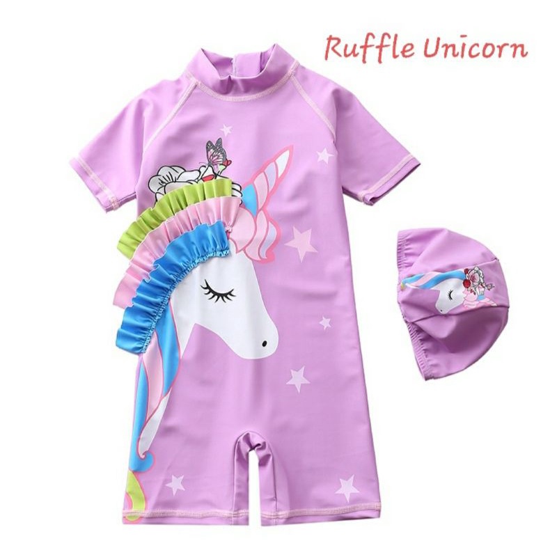 baju renang unicorn ruffle/baju renang anak unicorn import/baju renang anak set topi