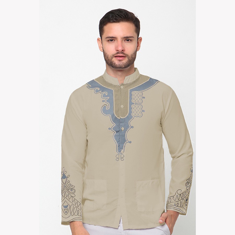 Baju koko murah terbaru lengan panjang  Pria Print - Yusuf Panther  putih lengan 3/4 pengajian D9Z3 