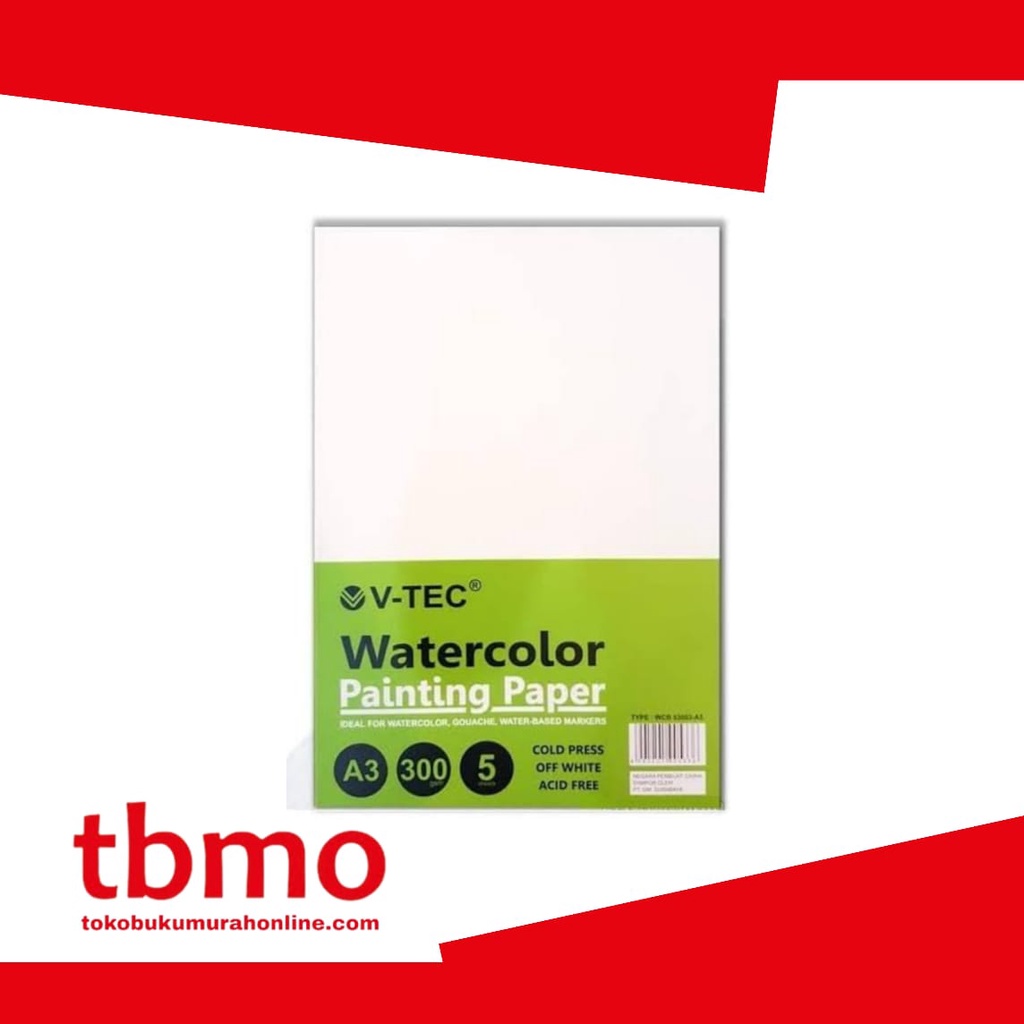 

TBMO WATER COLOUR PAINTING PAPER WCB 53003 5SHEETS/300GR UK.A3 V-TEC / KERTAS GAMBAR / KERTAS LUKIS