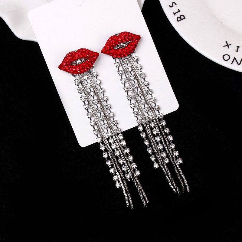 Anting Rantai Panjang Desain Bibir Merah Aksen Berlian Imitasi Bahan 925 Silver