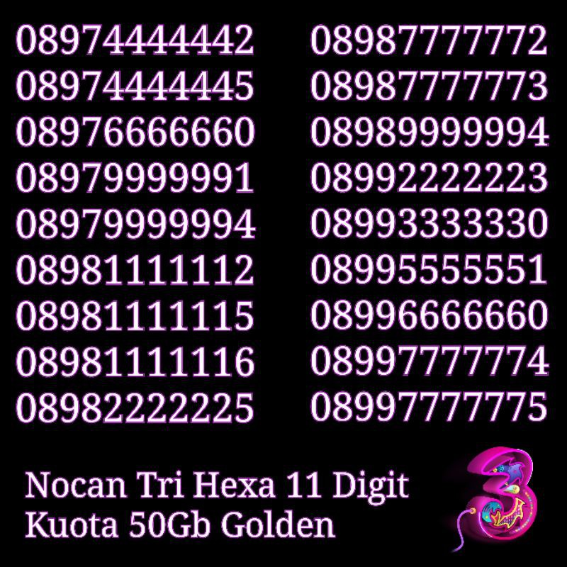 Nomor Cantik NOCAN Hexa 11 Digit Kartu Perdana Tri Three 4G LTE Kuota 50 GB Golden