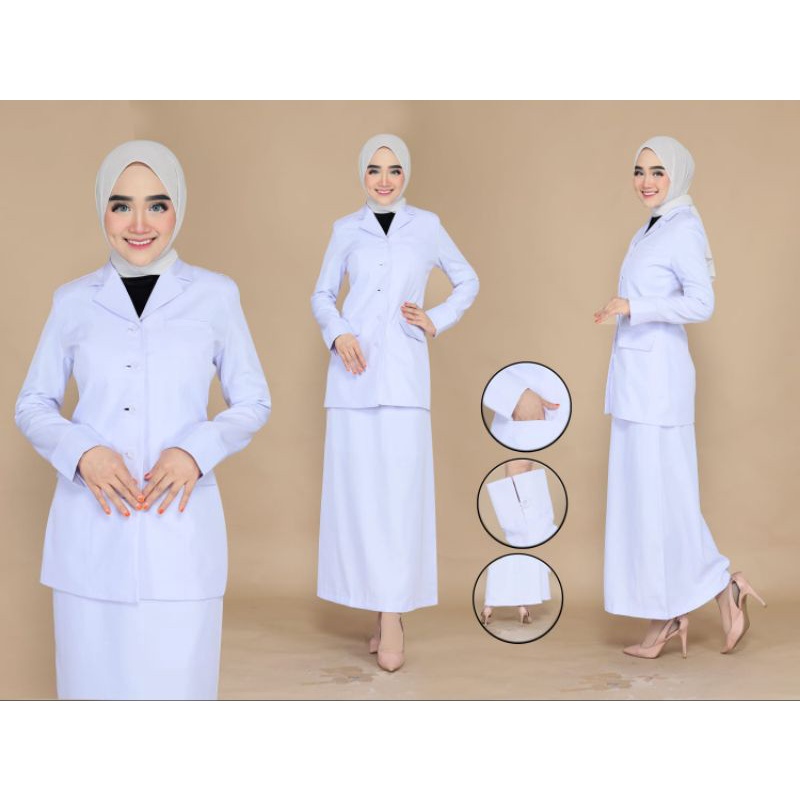 SERAGAM KERJA BAJU PERAWAT PUTIH PUTIH/ BAJU PUTIH HITAM KANTONG TIGA ROK A / ROK SPAN FREE HIJAB