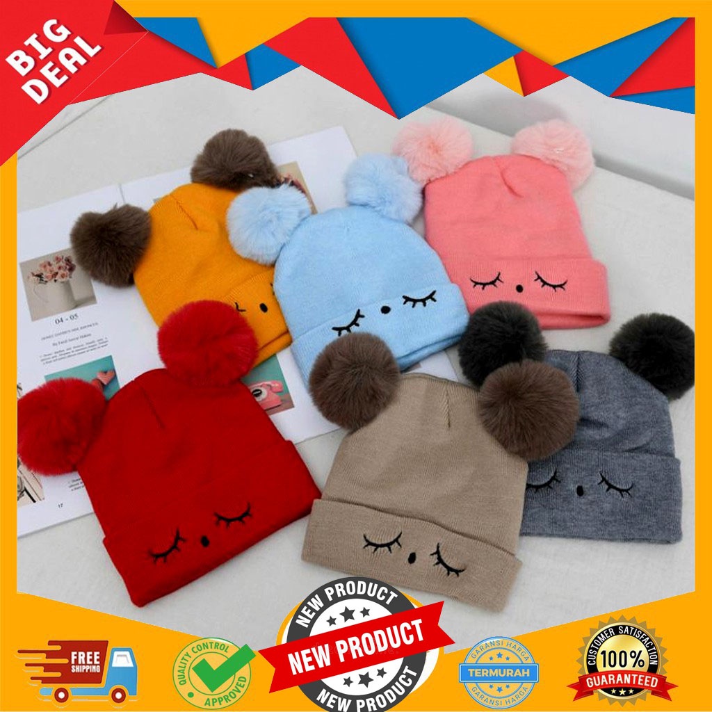 TOPI BAYI RAJUT POMPOM BORDIR MATA BEST QUALITY KUPLUK ANAK