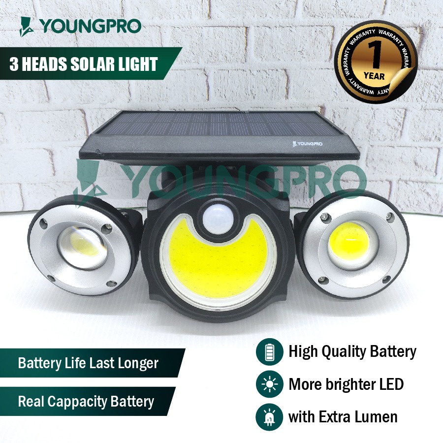 YOUNGPRO Solar Outdoor Light Lampu Dinding 3 Kepala Sensor Gerak YSF-NEO