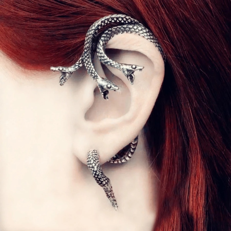 Anting Klip Tanpa Tindik Desain Ular Warna Silver Gaya Punk Untuk Wanita