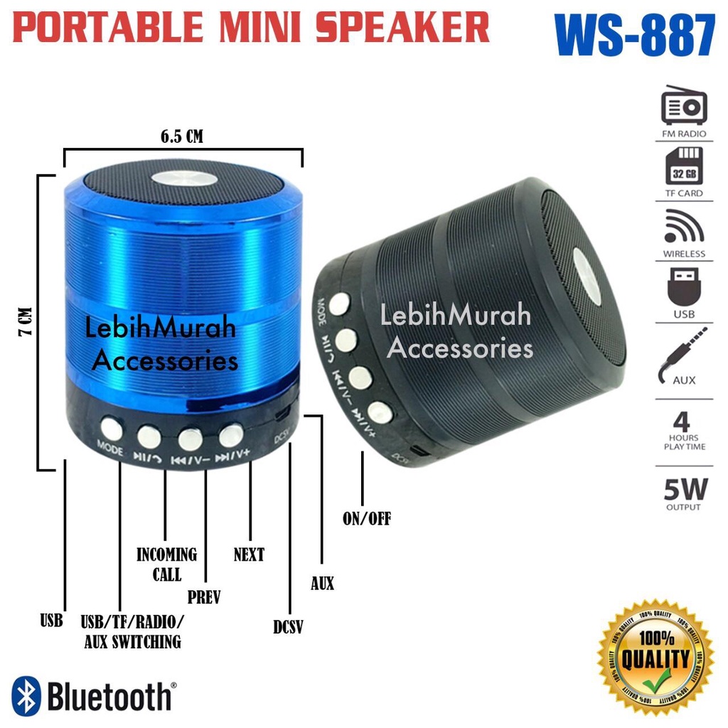 Speaker Bluetooth Music Box Motif Chorme Type WS887 Speaker Wireless Stereo WS 887 Speaker Mini Speaker Aktif