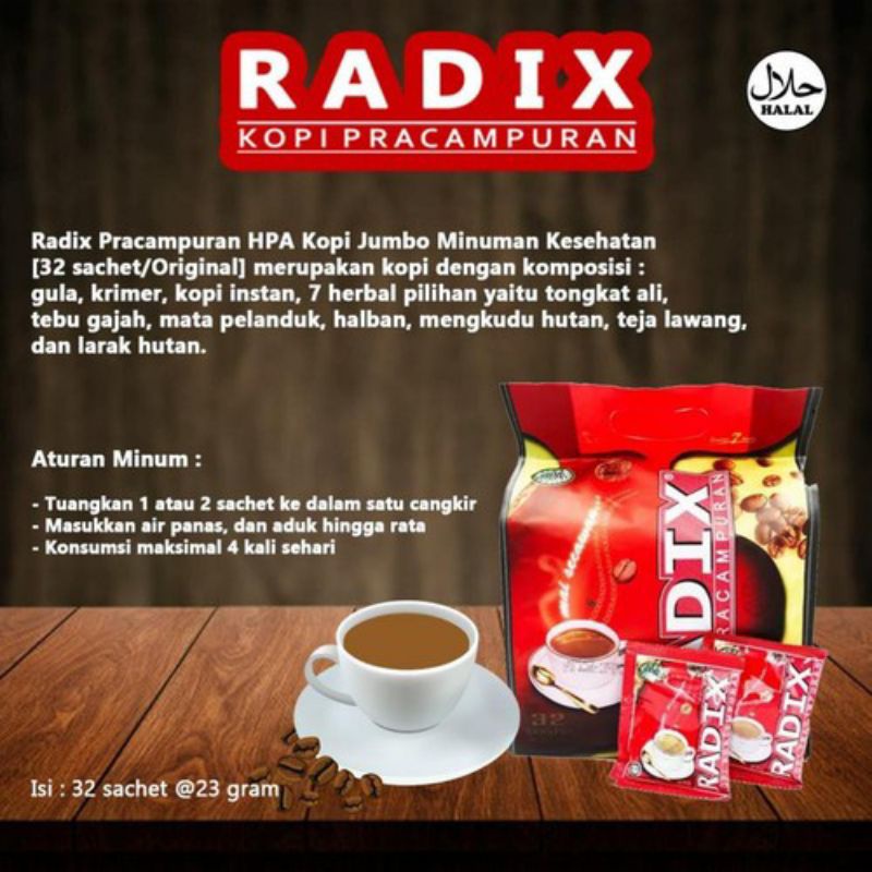 

kopi radix hpa cofee radik pracampuran premix mai secawan isi 32
