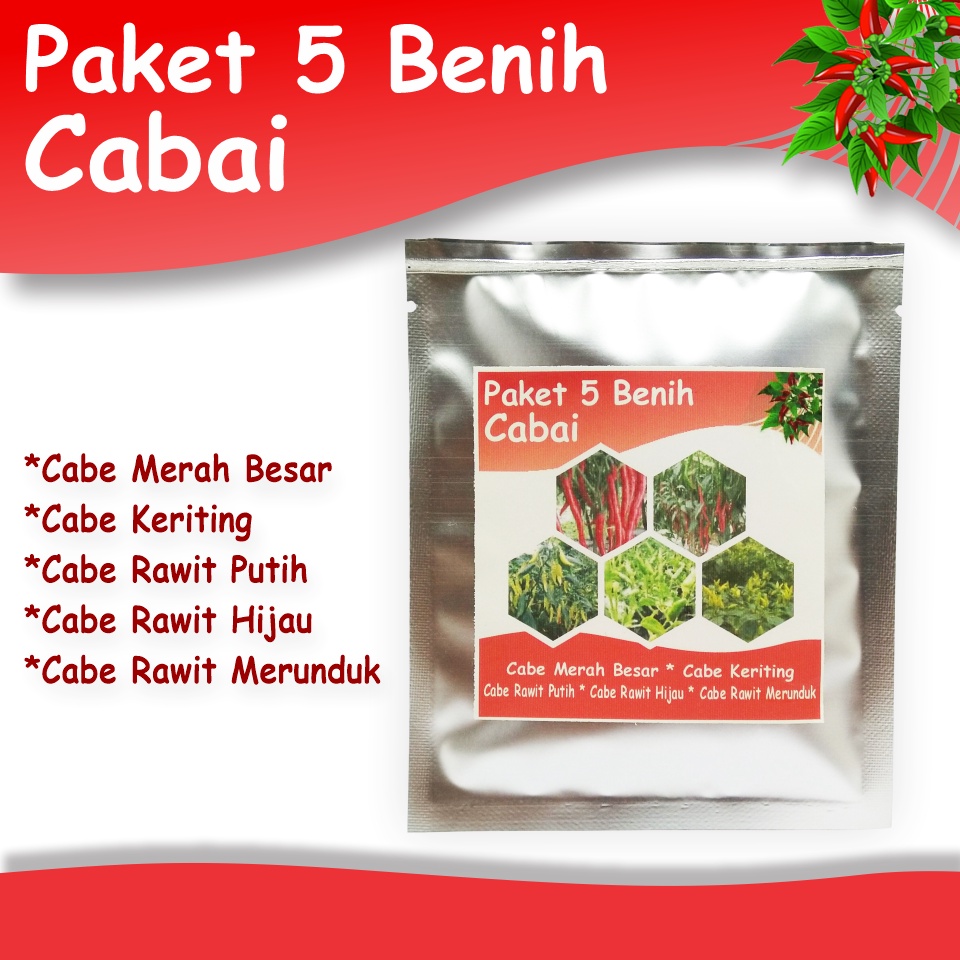 Paket Benih Cabe 5 Jenis Bibit Sayuran Cabai Merah Besar Keriting Rawit Hijau Rawit Putih Rawit Merunduk