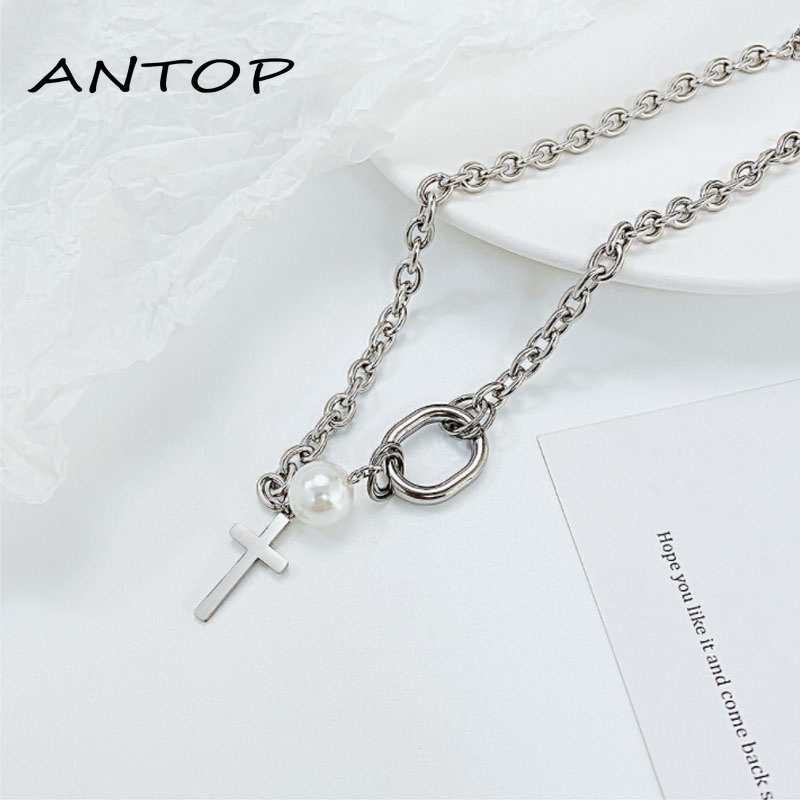 Korea Ins Cross Kalung Mutiara Clavicle Chain Aksesoris Fashion Wanita ANTOP